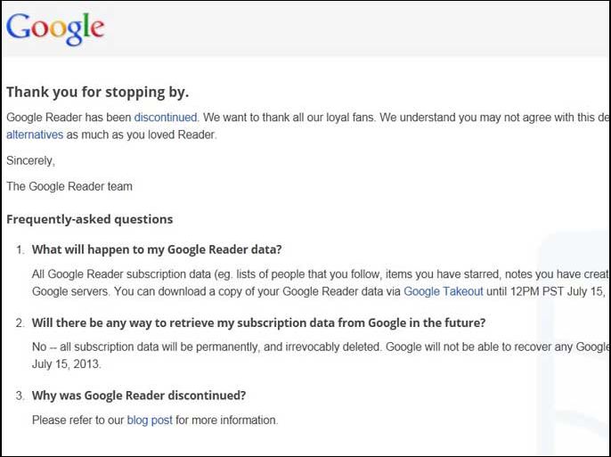 إغلاق غوغل ريدر Google Reader --- سكرين شوت