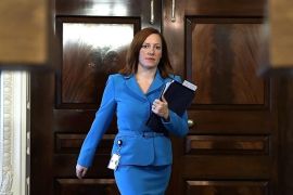 WASHINGTON, DC - JUNE 12: U.S. State Department spokeswoman Jen Psaki walks into the Treaty Room prior to a joint media availability held by U.S. Secretary of State John Kerry and British Foreign Secretary William Hague at the State Department June 12, 2013 in Washington, DC. Kerry had a bilateral meeting with Hague at the State Department.