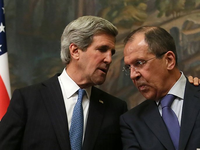 epa03691285 US Secretary of State John Kerry (L)speaks with Russian Foreign minister Sergei Lavrov (R), at the joint press conference during their meeting in Moscow, Russia, 07 May 2013. US Secretary of State John Kerry arrived in Russia with the conflict in Syria set to dominate his discussions with President Vladimir Putin and Foreign Minister Sergei Lavrov. Kerry's two-day visit will also include a wreath-laying at the Tomb of the Unknown Soldier to mark the 68th anniversary of the end of World War II. EPA/SERGEI ILNITSKY