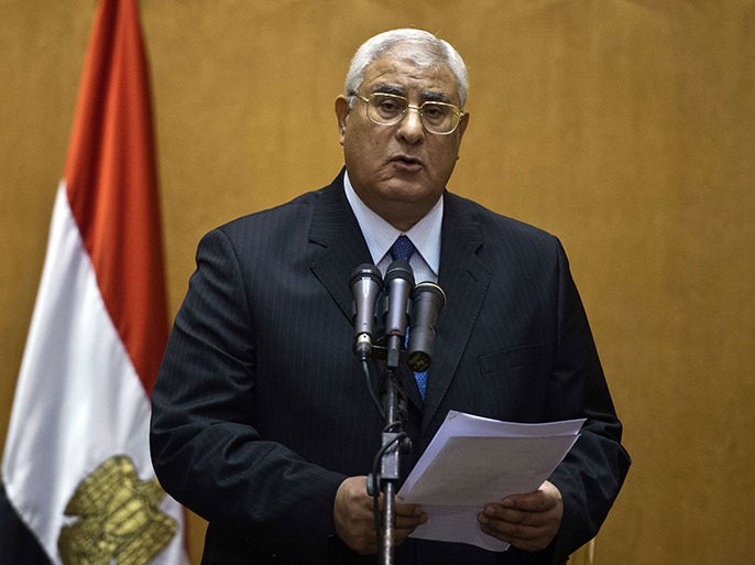 TOPSHOTSEgypt's chief justice Adly Mansour delivers a speech during his swearing-in ceremony as the country's interim president in the Supreme Constitutional Court. in Cairo on July 4, 2013, a day after the military ousted and detained Mohamed Morsi following days of massive protests. The ceremony, which was broadcast live on national television, came after the military swept aside Morsi on Wednesday, a little more than a year after the Islamist leader took office. AFP PHOTO / KHALED DESOUKI