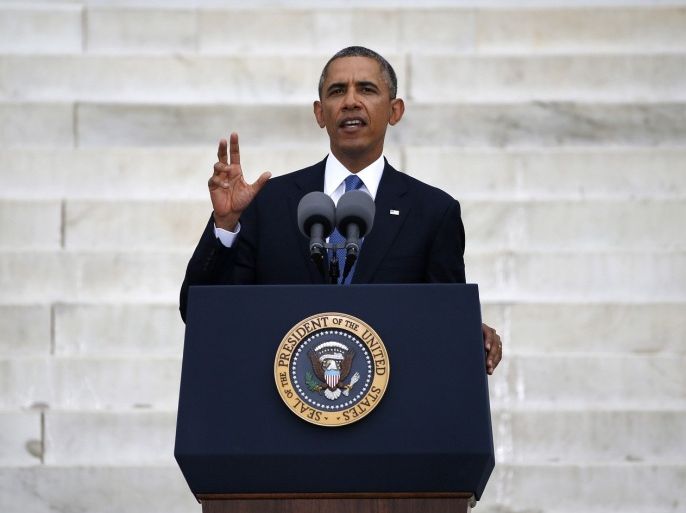 U.S. President Barack Obama speaks during a ceremony marking the 50th anniversary of Martin Luther King Jr.'s "I have a dream" speech on the steps of the Lincoln Memorial in Washington, August 28, 2013.