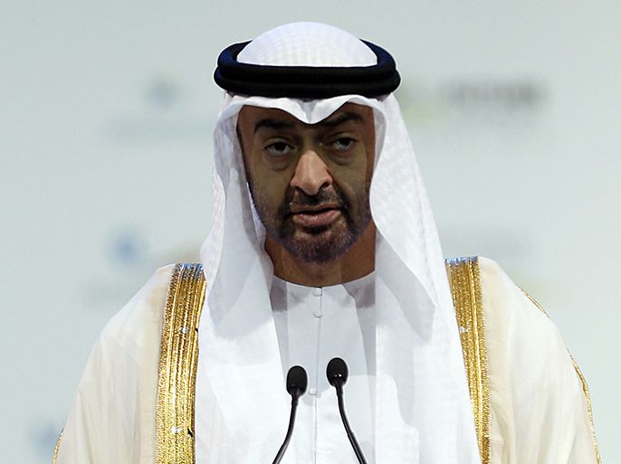 Abu Dhabi Crown Prince Mohammed bin Zayed Al Nahyan speaks during the opening ceremony of the World Future Energy Summit (WFES) in Abu Dhabi on January 15, 2013. AFP PHOTO/KARIM SAHIB