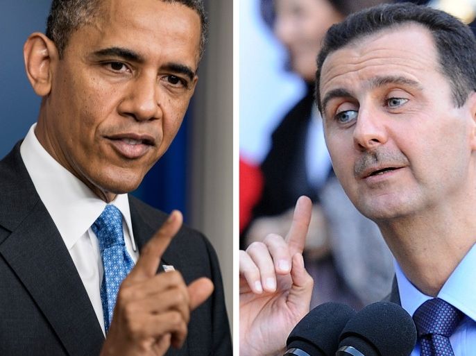 A combination of two file pictures made on August 31, 2013 shows US President Barack Obama (L) speaking to journalists on April 30, 2013 in Washington and Syrian President Bashar al-Assad speaking to journalists on December 9, 2010 in Paris. Obama is expected to update Americans today on the way forward in the crisis, amid expectations that Washington will launch air strikes to punish President Bashar al-Assad's regime for using chemical weapons.