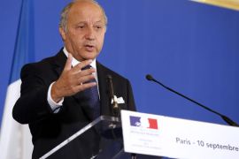 Paris, Paris, FRANCE : French Foreign Affairs minister Laurent Fabius gives a press conference on the situation in Syria, on September 10, 2013 at the ministry in Paris. France will present a resolution on Syria's chemical weapons programme to the UN Security Council later today, Foreign Minister Laurent Fabius said. The resolution will demand full disclosure by the regime of the scale of the programme, commit the UN to "serious measures" in the event of non-compliance and call for the authors of the August 21 attack to be held responsible for their actions, Fabius said. AFP PHOTO THOMAS SAMSON