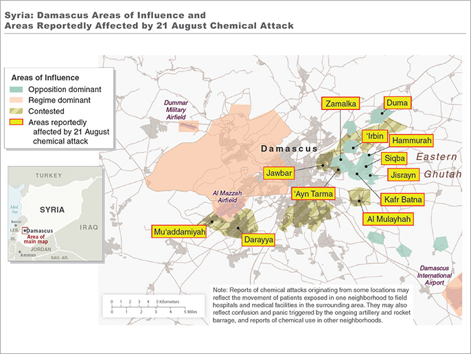 خارطة تبين المواقع في ريف دمشق التي ضربتها الأسلحة الكيميائية (نيويورك تايمز)