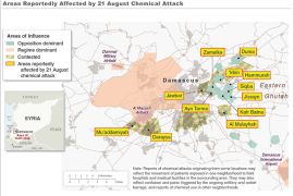خارطة نشرتها الولايات المتحدة ضمن تقريرها المتعلق باستخدام سوريا للأسلحة الكيميائية، وتبين الخارطة المواقع التي ضربتها الأسلحة الكيميائية - المصدر نيويورك تايمز