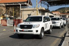 A convoy of United Nations vehicles carrying a team of UN experts investigating the alleged use of chemical weapons in Syria is seen at the Lebanon-Syria border following their arrival in Lebanon on September 30, 2013. The team of UN experts, which left Damascus at the end of their mission, is due to submit a report next month about seven alleged chemical weapons attacks during the conflict in Syria. AFP PHOTO / STR