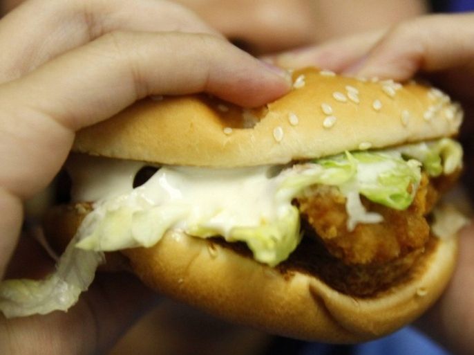 A boy poses with a chicken burger at a fast food outlet in Taipei January 29, 2010. The Taiwan Department of Health on Thursday proposed a ban on junk food advertisements aired around children's television programmes, to tackle the growing child obesity rate, said officials.