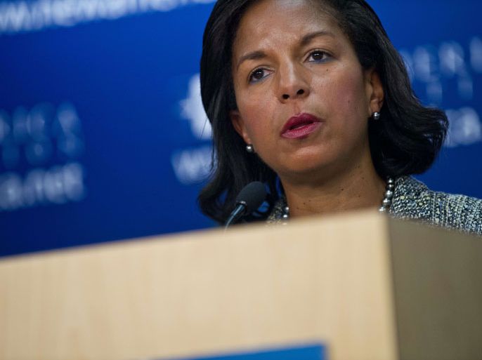 NK006 - Washington, District of Columbia, UNITED STATES : US National Security Advisor Susan Rice speaks about the situation in Syria at the New America Foundation in Washington on September 9, 2013. The Obama administration is already planning "for every contingency" in case of any fallout from US military strikes against the Syrian regime, White House Chief of Staff Denis McDonough said on September 8. AFP PHOTO/Nicholas KAMM