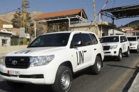 A convoy of vehicles carrying United Nations inspectors leaves the Masna'a border crossing between Lebanon and Syria in eastern Bekaa region of Lebanon September 30, 2013. U.N. chemical weapons inspectors investigating allegations of chemical and biological weapons use during Syria's civil war left Damascus on Monday after their second mission in two months, witnesses said.