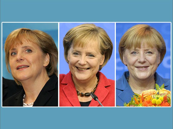 MTZ100 - Berlin, Berlin, GERMANY : A combo of pictures shows German Christian Democratic Union leader Angela Merkel after first exit polls of the German general elections taken in Berlin respectively on September 18, 2005 (L), on on September 27, 2009 (C) and on September 22, 2013. German Chancellor Angela Merkel won a third term in elections but her conservatives may be forced to govern in a "grand coalition" with the centre-left Social Democrats, exit polls showed.