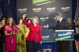 Falls Church, Virginia, UNITED STATES : FALLS CHURCH, VA - OCTOBER 19: Hillary Rodham Clinton (L) and Terry McAuliffe (R) greet the crowd during a Women for Terry Endorsement Event at the State Theatre on October 19, 2013 in Falls Church, Virginia. Clinton endorsed Gubernatorial candidate McAuliffe during his politcal race for the Governor's office against Ken Cucccinelli. Greg Kahn/Getty Images/AFP== FOR NEWSPAPERS, INTERNET, TELCOS & TELEVISION USE ONLY
