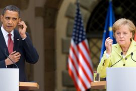 (FILES) This picture taken on June 5, 2009 shows US President Barack Obama and German Chancellor Angela Merkel listening to translations during a press conference at Dresden Castle in the center of the eastern German town of Dresden. Germany on October 24, 2013 summoned the US ambassador to Berlin over suspicions that Washington spied on Chancellor Angela Merkel's mobile phone, a foreign ministry spokeswoman said. Foreign Minister Guido Westerwelle will personally meet with US envoy John B. Emerson later Thursday, the spokeswoman told AFP, in a highly unusual step between the decades-long allies