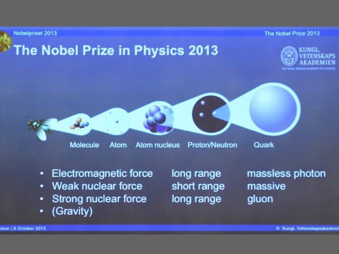 A draft of the work of Nobel Physics Prize winners is displayed on a screen during a press conference to announce the laureates of the 2013 Nobel Prize in Physics on October 8, 2013 at the Nobel Assembly at the Royal Swedish Academy of Sciences in Stockholm. Francois Englert of Belgium and Peter Higgs of Britain won the Nobel Physics Prize for the discovery of the 'God particle', the Higgs Boson that explains why mass exists, the jury said.