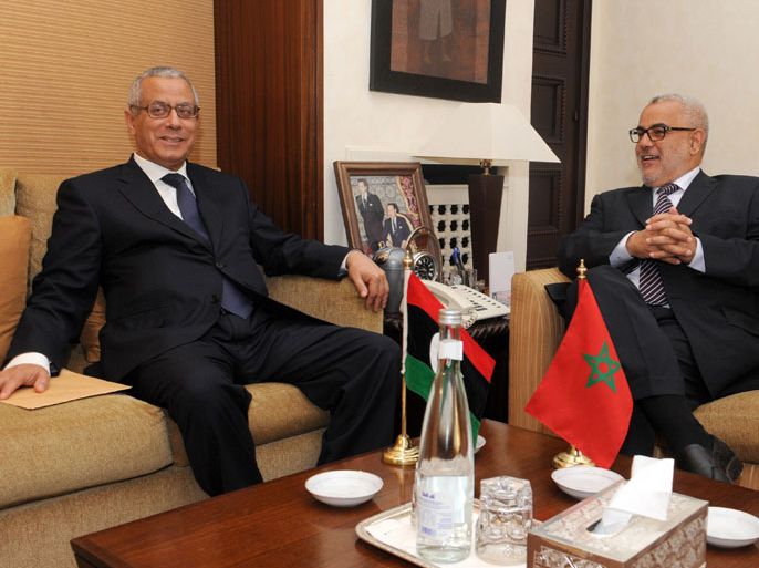 MOROCCO : Libyan Prime Minister Ali Zidane (L) meets with Moroccan Prime Minister (R) Abdelilah Benkirane on October 7, 2013 in Rabat during the former's three day visit to Morocco. AFP PHOTO /FADEL SENNA