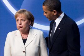 FILES) This picture taken on April 12, 2010 shows US President Barack Obama (R) greet German Chancellor Angela Merkel upon his arrival for dinner during the Nuclear Security Summit at the Washington Convention Center in Washington, D. Germany on October 24, 2013 summoned the US ambassador to Berlin over suspicions that Washington spied on Chancellor Angela Merkel's mobile phone, a foreign ministry spokeswoman said. AFP PHOTO / Jim WATSON