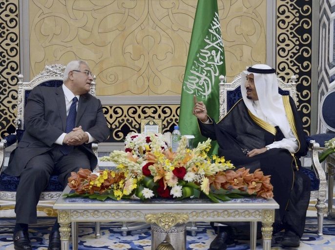 Egypt's Interim President Adly Mansour (L) listens to Saudi Crown Prince Salman bin Abdulaziz after his arrival in the Saudi Red Sea port city of Jeddah in this picture released by the Saudi Press Agency (SPA) on October 7, 2013.
