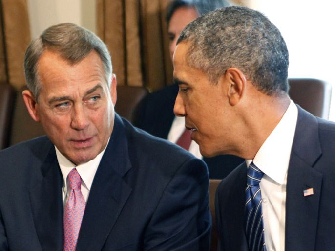 epa03849159 US President Barack Obama (R) meets with members of Congress including Speaker of the House John Boehner (L) in the Cabinet Room of the White House in Washington DC USA 03 September 2013. Reports state that Obama is confident of passing a resolution in Congress that would pave the way for military intervention in Syria. EPA/Dennis Brack / POOL