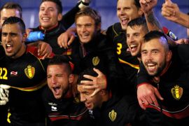 Belgium's players celebrate after winning a 2014 FIFA World Cup qualifier football match against Croatia at the Maksimir stadium in Zagreb on October 11, 2013. AFP PHOTO