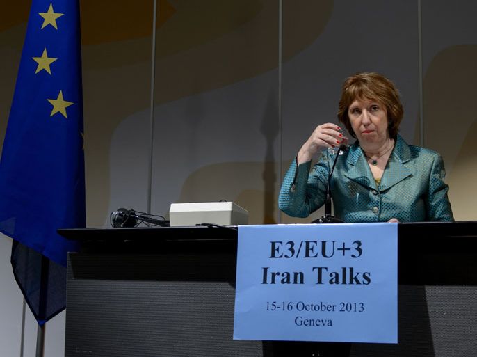 EU High Representative for Foreign Affairs Catherine Ashton attends a press conference closing two days of closed-door nuclear talks on October 16, 2013 in Geneva. World powers pored over what Iran billed as a breakthrough proposal to end the decade-long standoff over its nuclear programme, amid a growing diplomatic thaw but stark warnings from Israel. AFP PHOTO / FABRICE COFFRINI