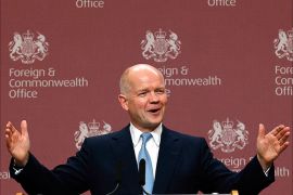 British Foreign Secretary William Hague speaks to the press after attending the "London 11" meeting, the core group of the Friends of Syria in central London