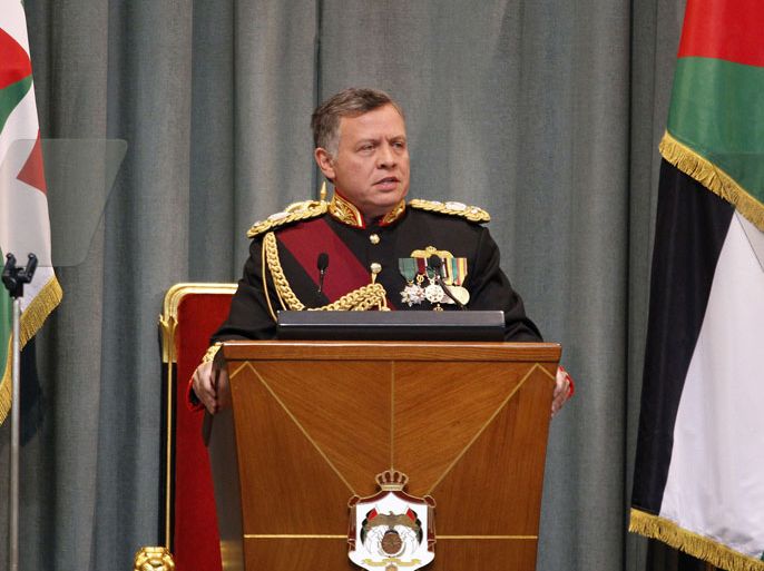 Jordanian King Abdullah II gives an opening speech at the Parliament of Jordan, on November 3, 2013 in Amman. King Abdullah II opened the17th Parliament's ordinary session and said the influx of hundreds of thousands of Syrian refugees is depleting Jordan's scarce natural resources, and called for international assistance to deal with the problem.