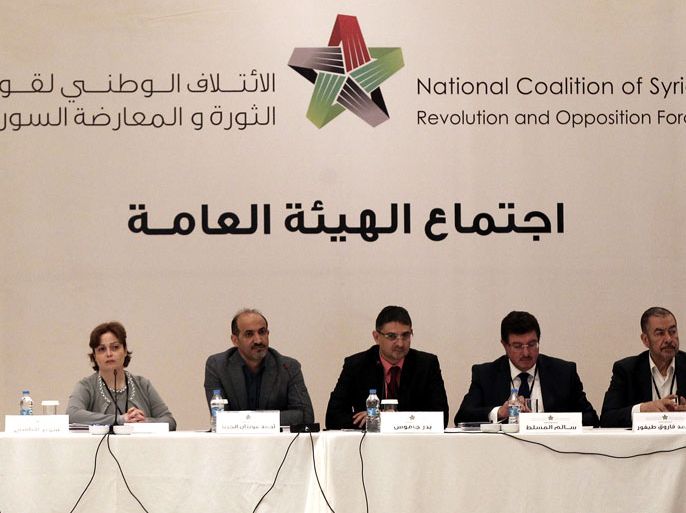 epa03942201 (L-R) Member National Coalition Of Syria Suheir Atassi, Head of the Syrian National Coalition, Ahmad al-Jarba, Secretary General National Coalition of Syria Badr Jamous, Member National Coalition Of Syria, Salim Muslit, Leaders of the exiled Syrian National Council (SNC), Muhammet Faruq Tayfur during a Syrian opposition groups meeting in Istanbul, Turkey, 09 November 2013. A plan for Syrian peace talks failed to materialize on 06 November 2013 after Russian, US and UN officials did not agree on when to hold them or which countries to invite, international envoy Lakhdar Brahimi said. EPA/SEDAT SUNA