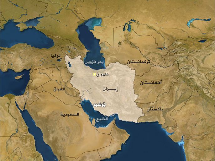 خارطة إيران موضح عليها منطقة بوشهر