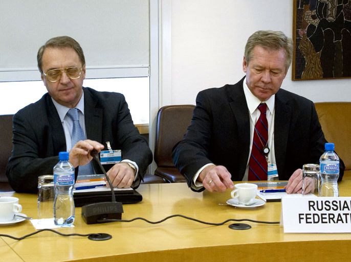 This picture released by the United Nations photo service shows Russian deputy foreign minister Mikhail Bogdanov (L) and Russian deputy foreign minister Gennady Gatilov prior to the start of a meeting on November 5, 2013 at the United Nations (UN) office in Geneva. Bogdanov is meeting with UN-Arab League envoy to Syria and US senior diplomat in a new bid to prepare the long-delayed peace conference Geneva II amid continued wrangling over who will take part.