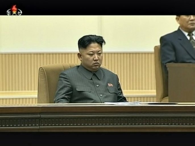 North Korean leader Kim Jong Un attends a mass indoor memorial rally in Pyongyang in this still image taken from video released by KRT, North Korean state TV on December 17, 2013. North Korea's political and military elite publicly pledged their loyalty to leader Kim Jong Un on Tuesday, less than a week after he ordered the execution of a powerful family ally in a rare public purge. The young leader was the centre of attention at a large memorial in Pyongyang staged to mark the second anniversary of the death of his father, Kim Jong Il. REUTERS/KRT via Reuters TV (NORTH KOREA - Tags: POLITICS OBITUARY ANNIVERSARY) ATTENTION EDITORS - THIS PICTURE WAS PROVIDED BY A THIRD PARTY. REUTERS IS UNABLE TO INDEPENDENTLY VERIFY THE AUTHENTICITY, CONTENT, LOCATION OR DATE OF THIS IMAGE. FOR EDITORIAL USE ONLY. NOT FOR SALE FOR MARKETING OR ADVERTISING CAMPAIGNS. THIS PICTURE IS DISTRIBUTED EXACTLY AS RECEIVED BY REUTERS, AS A SERVICE TO CLIENTS. NO THIRD PARTY SALES. NOT FOR USE BY REUTERS THIRD PARTY DISTRIBUTORS. NORTH KOREA OUT. NO COMMERCIAL OR EDITORIAL SALES IN NORTH KOREA