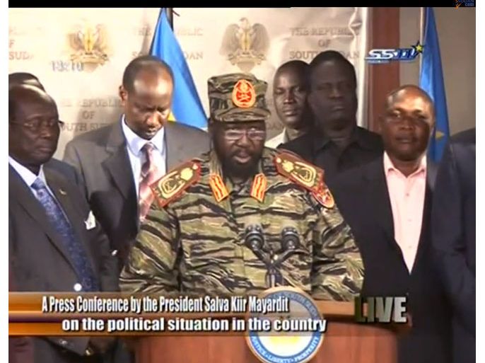 Juba, -, SUDAN : An image grab taken from South Sudan tv uploaded on YouTube on December 16, 2013 shows South Sudan's President Salva Kiir addressing the nation in Juba to denounce an attempted coup. Kiir blamed troops loyal to his arch-rival, former vice president Riek Machar, who was sacked from the government in July. He branded him a "prophet of doom" and vowed to bring him to justice. AFP PHOTO / SOUTH SUDAN TV VIA YOUTUBE