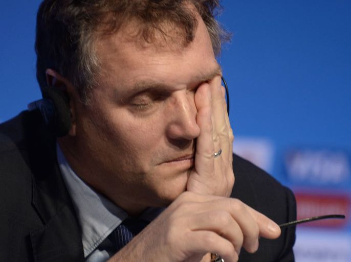 Fifa Secretary General, Jerome Valcke gestures during a press conference in Costa do Sauipe, state of Bahia, Brazil on December 3, 2013. The 2014 FIFA World Cup Brazil final draw will take place December 6 AFP PHOTO/VANDERLEI ALMEIDA