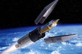 epa00548555 This undated image provided by the European Space Agency (ESA) shows an artist's rendering of the launch of the CryoSat satellite from a Rocket vehicle. ESA confirmed on Sunday, 05 October 2005, that the CryoSat satellite worth 140 million euros had been lost due to a launch failure. A Russian Rokot booster launched the CryoSat satellite from Plesetsk, a launch site in the north of European Russia, Saturday night. The separation of the second stage from upper stage did not occur. Thus, the combined stack of the two stages and the CryoSat satellite fell into the Arctic Ocean with no consequences to populated areas. The CryoSat satellite built by EADS Astrium for the European Space Agency was designed to study the Earth's ice fields. EPA/K. BUECHLER / HANDOUT