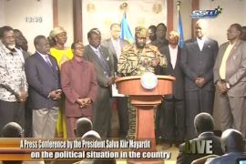 رئيس جنوب السودان سيلفا كير يتحدث في التلفزيون الحكومي بعد الحديث عن محاولة انقلاب . المصدر التلفزيون الحكومي جنوب السودان