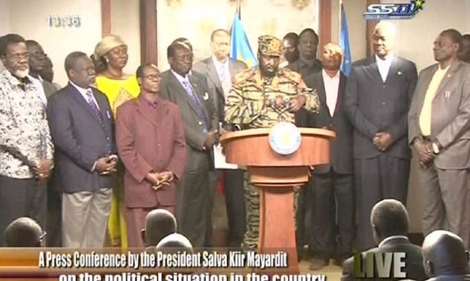 رئيس جنوب السودان سيلفا كير يتحدث في التلفزيون الحكومي بعد الحديث عن محاولة انقلاب . المصدر التلفزيون الحكومي جنوب السودان