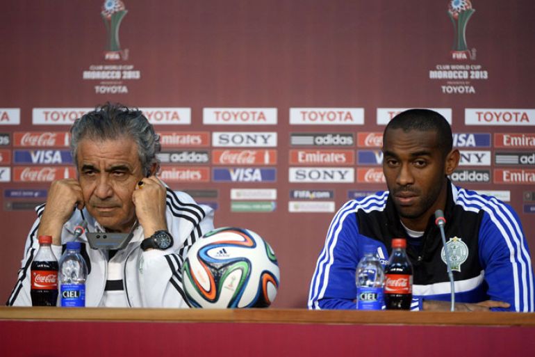 Morocco's Raja Casablanca head coach Benzarti Faouzi and striker Mouhcine Iajour (R) attend a press conference, on the eve of the FIFA Club World Cup final match against Germany's Bayern Munich, in the Moroccan city of Marrakesh on December 20, 2013. The regional champions from each of the FIFA regions are gathering in the north African country of Morocco to decide which is the best domestic team in the world. AFP
