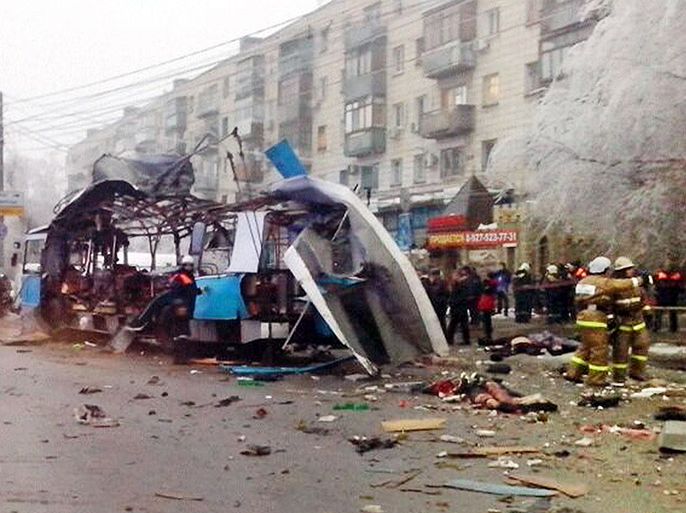 A handout picture taken and released on December 30, 2013 by the Volgograd regional Interior Ministry department's press service shows the wreckage of a trolleybus following a suicide attack that destroyed the packed trolleybus killing 14 people in the southern Russian city of Volgograd. The deadly bombing was caused by a male suicide bomber, investigators said on December 30. The attack comes a day after 17 people died in a suicide strike on the city's main train station, exposing the huge challenge Russia's President Vladimir Putin faces in ensuring safety at Winter Olympic Games staged on the very edge of the violence-plagued North Caucasus. AFP