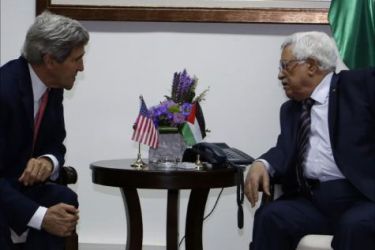 US Secretary of State John Kerry (L) meets with Palestinian president Mahmoud Abbas at the Palestinian presidential compound in the West Bank city of Ramallah