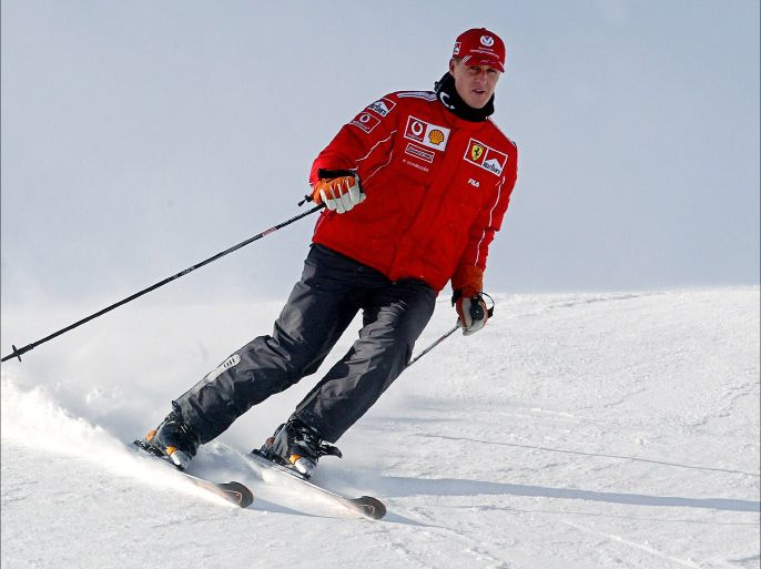 (FILES) - This file picture taken on January 15, 2004 shows German Formula one world champion Michael Schumacher skiing in Madonna di Campiglio, Nothern Italy. Schumacher, who will turn 45 in five days, was injured in a skiing accident on December 29, 2013 in the French ski resort of Meribel and had to be flown to a hospital in Albertville-Moutiers by helicopter. AFP PHOTO/ Vincenzo PINTO