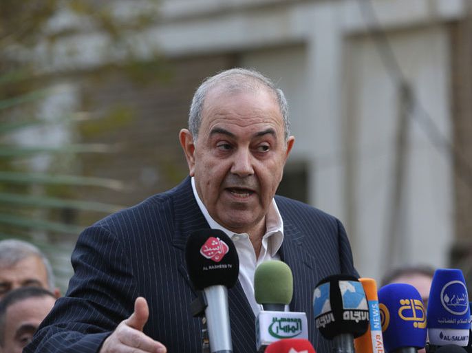 epa04003164 Iyad Allawi, former Iraqi Prime Minister and head of the Iraqiya bloc speaks during a press conference in Baghdad, Iraq, 29 December 2013. Allawi called the Iraqi government to the release of Iraqi Member of Parliament, Ahmed al-Alwani immediately and apologize to him for what happened, and dialogue with the Sunni demonstrators, and that the government has to show restraint and stop the fighting in Anbar province and dialogue with the Sunni demonstrators. EPA/AHMED JALIL