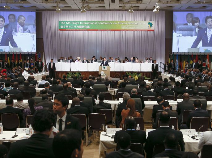 epa03728550 Japanese Prime Minister Shinzo Abe (C) announces the Yokohama Declaration 2013 during the closing session of the Fifth Tokyo International