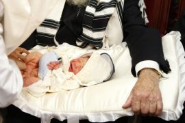 Rabbis perform circumcision on a eight-day-old baby during a ceremony at the European Jewish Community Centre in Brussels, August 20, 2009. In the Jewish religion, it is a tradition to perform circumcision when a boy is eight days old. Picture taken August 20, 2009.