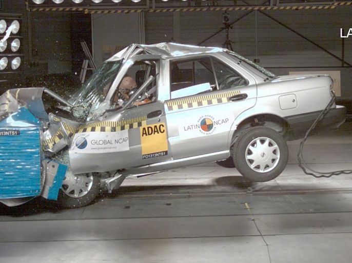 In this image taken from a March 2013 video released by independent crash-test group Latin NCAP on Nov. 27, 2013, a Nissan model Tsuru vehicle with no airbags is crash-tested at Latin NCAP's facilities in Landsberg am Lech, Germany.VMany international car manufacturers with plants in Mexico produce two versions of cars; sending models with air bags, antilock brakes and electronic stability control to the United States, and cars without those safety features to the local market. (AP Photo/Latin NCAP)