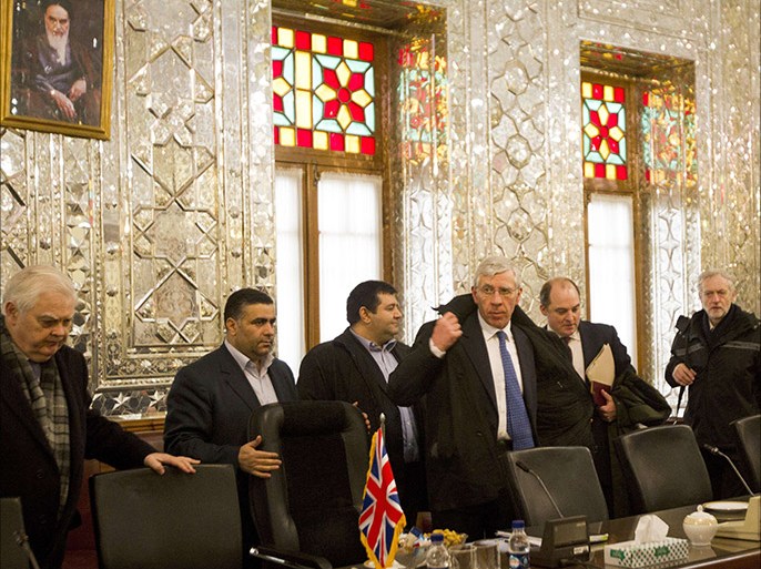 Britain's members of the all-party parliamentary group on Iran, led by the former foreign secretary Jack Straw (3rd R) attend their talks with Iranian members of the