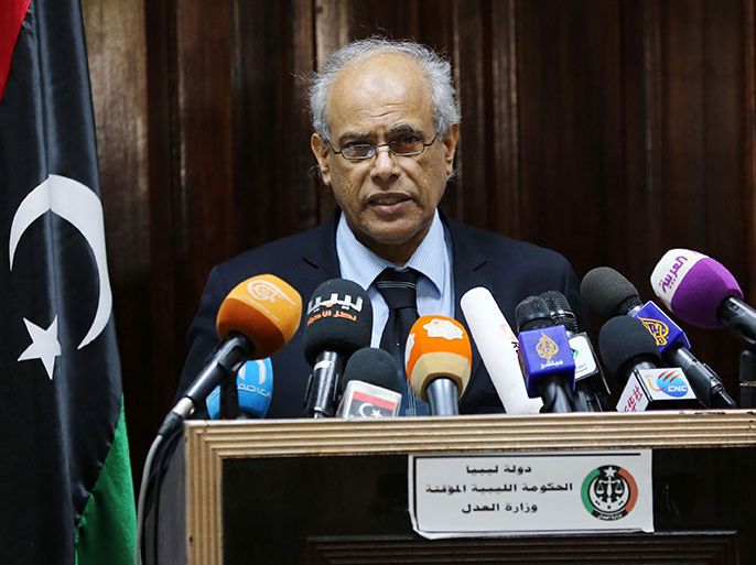 Libyan Justice Minister Salah al-Mirghani speaks during a press conference following the kidnapping of five Egyptian diplomats on January 25, 2014 in Tripoli Libya. Kidnappers seized Egypt's cultural attache and three other embassy staff in the Libyan capital Tripoli, a day after a group snatched another Egyptian official in the city. AFP
