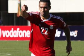 Egypt's Mohammad Trika celebrates scoring against Zimbabwe during the World Cup qualifier soccer match at the National Sports Stadium in Harare, Sunday June 9, 2013.