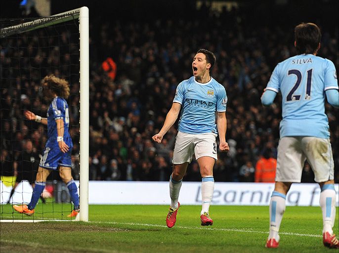 epa04079862 Manchester City's Samir Nasri (C) celebrates after scoring the 2-0 lead during the FA Cup 5th round soccer match match between Manchester City and Chelsea FC in Manchester, Britain, 15 February 2014. EPA/PETER POWELL DataCo terms and conditions apply http://www.epa.eu/files/TermsandConditions/DataCo_Terms_and_Conditions.pdf