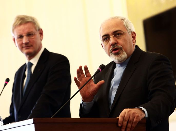 Iranian Foreign Minister Mohammad Javad Zarif (R) speaks during a joint press conference with his Swedish counterpart Carl Bildt in Tehran on February 4, 2014. Bildt is on an official visit to Iran to try to bolster the country's temporary nuclear deal. AFP PHOTO/BEHROUZ MEHRI