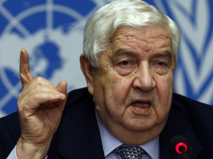 Syria's Foreign Minister Walid al-Moualem gestures as he addresses a news conference at the United Nations European headquarters in Geneva January 31, 2014. A first round of talks to end the war in Syria have had no tangible results because of the immaturity of the opposition delegation and their "threats to implode" the talks, as well as blatant U.S. interference, al-Moualem said on Friday. REUTERS/Denis Balibouse (SWITZERLAND - Tags: POLITICS CONFLICT CIVIL UNREST)