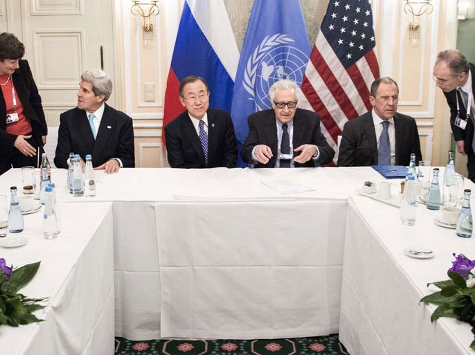 (L-R) US Secretary of State John Kerry, Secretary-General of the United Nations Ban Ki-moon, UN Special Representative for Syria Lakhdar Brahimi and Russian Foreign Minister Sergey Lavrov take their seats for a meeting on January 31, 2014 in Munich, Germany. Kerry and Lavrov are in Munich to attend the 2014 Munich Security Conference (MSC). AFP PHOTO/ POOL/ Brendan SMIALOWSKI